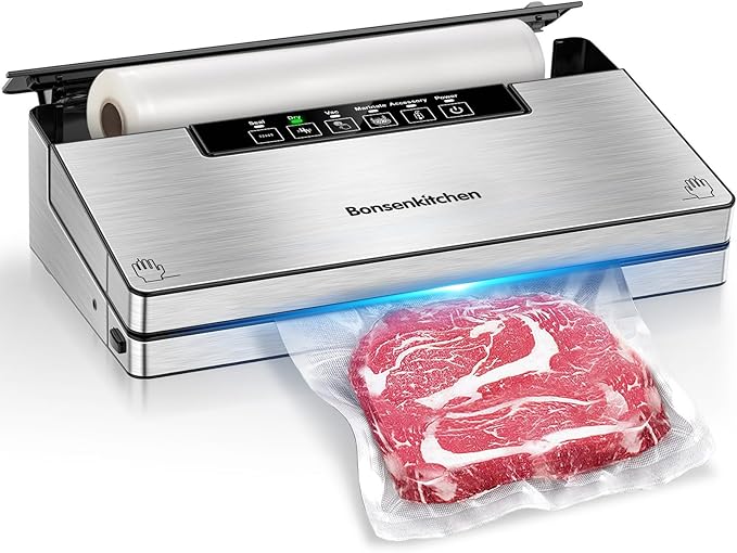 Bonsenkitchen Vacuum Sealer Machine for food preservation, featuring built-in cutter and bag storage, and various sealing modes for continuous use